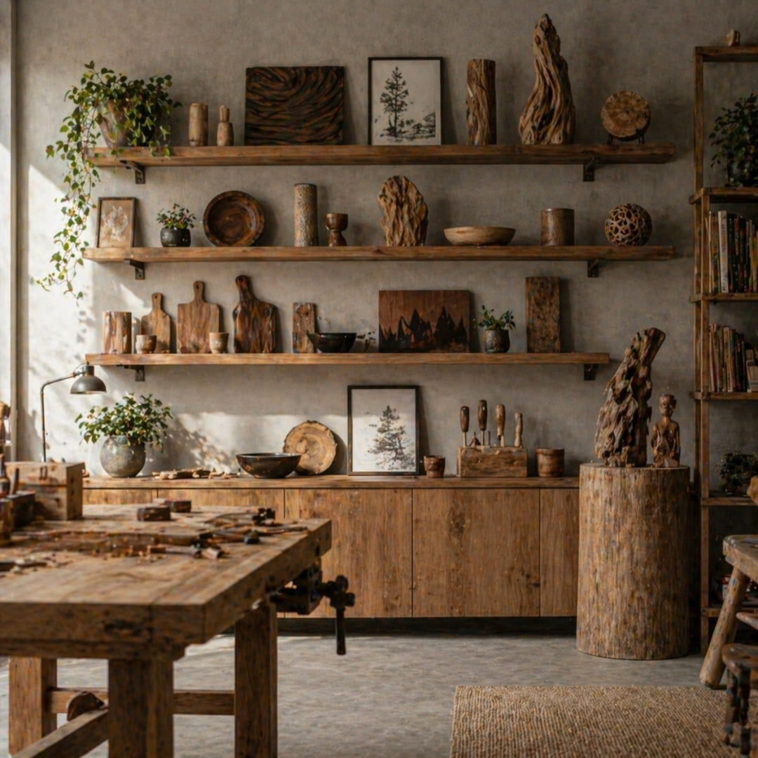 Wooden shelves with various rustic decor items in a room with wooden furniture.