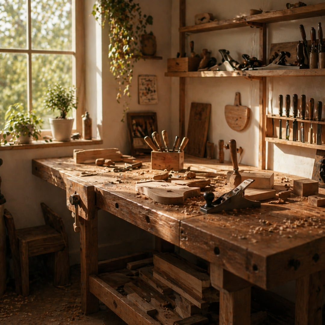 Wooden workshop with tools and a large workbench in a well-lit room.